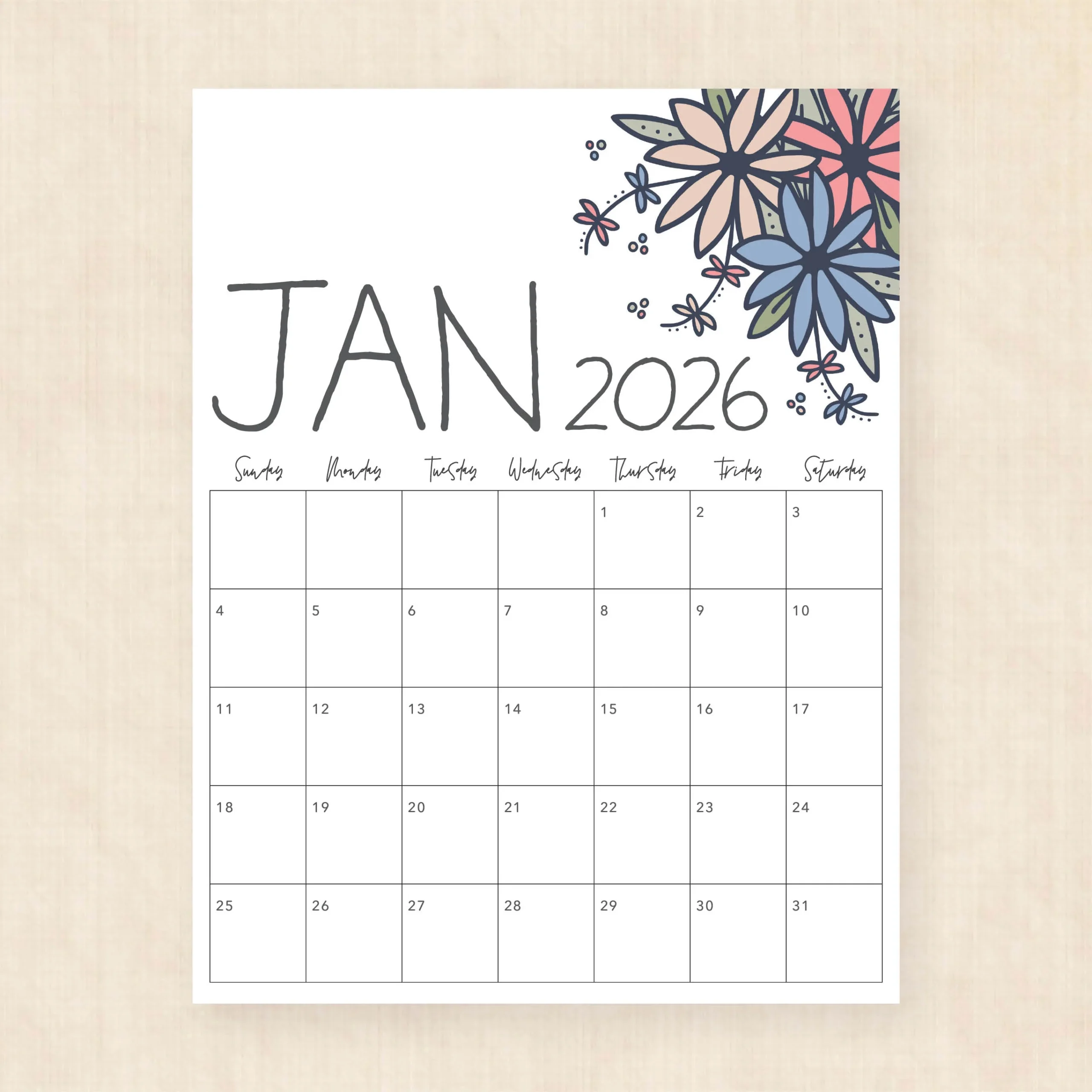 Printable Calendar 2026 Cute