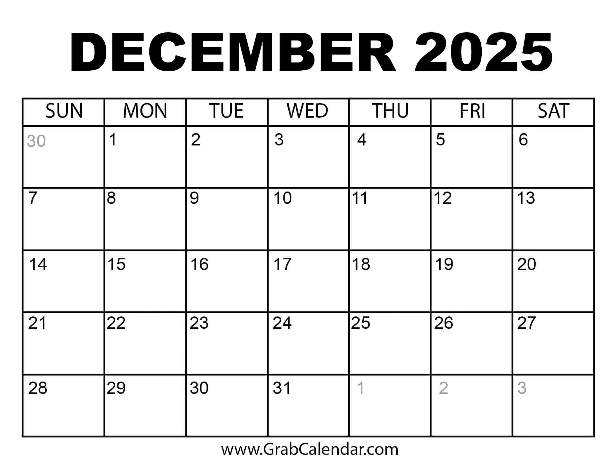 Printable December Calendar