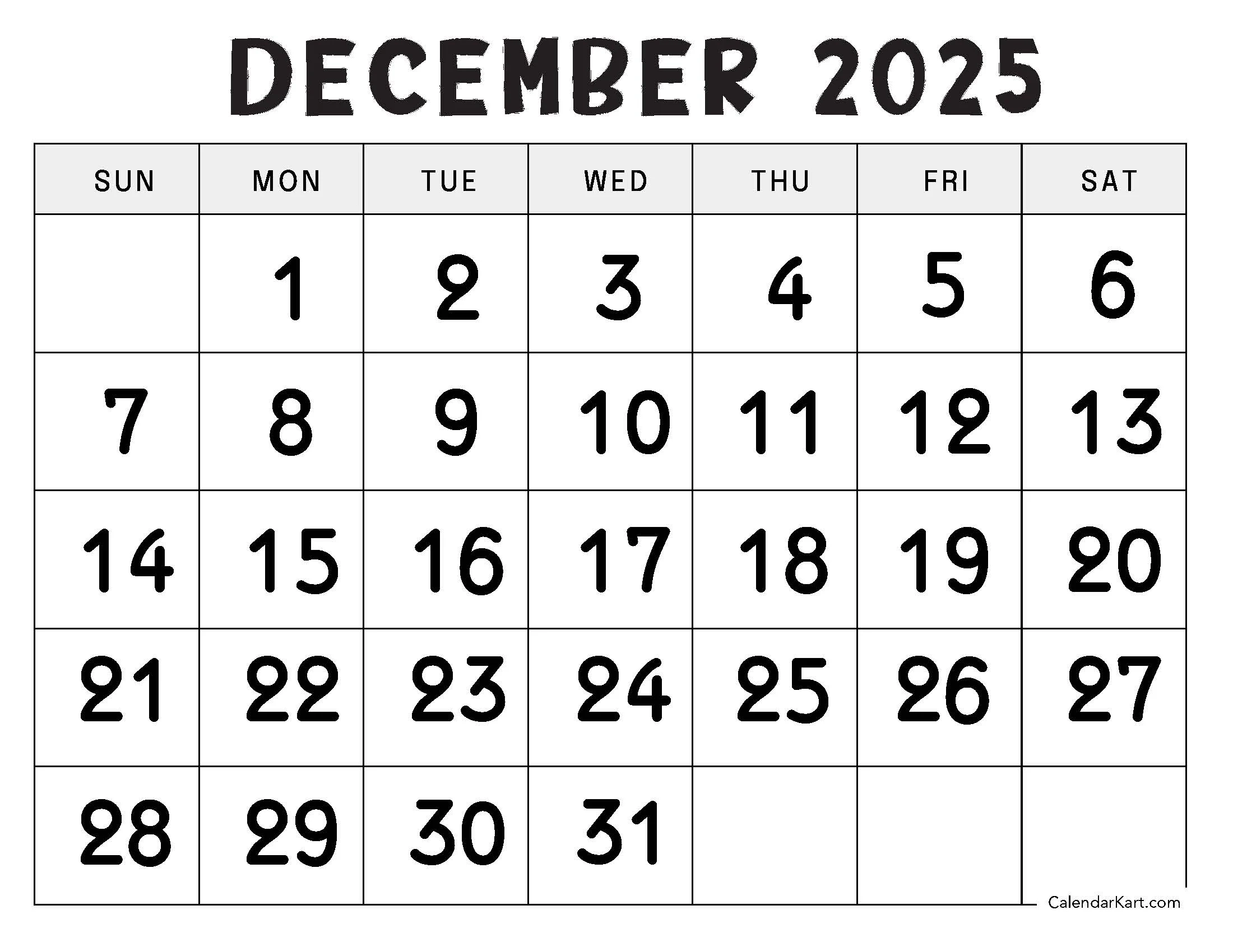 Printable December 2025 Calendars Free Pdf CalendarKart