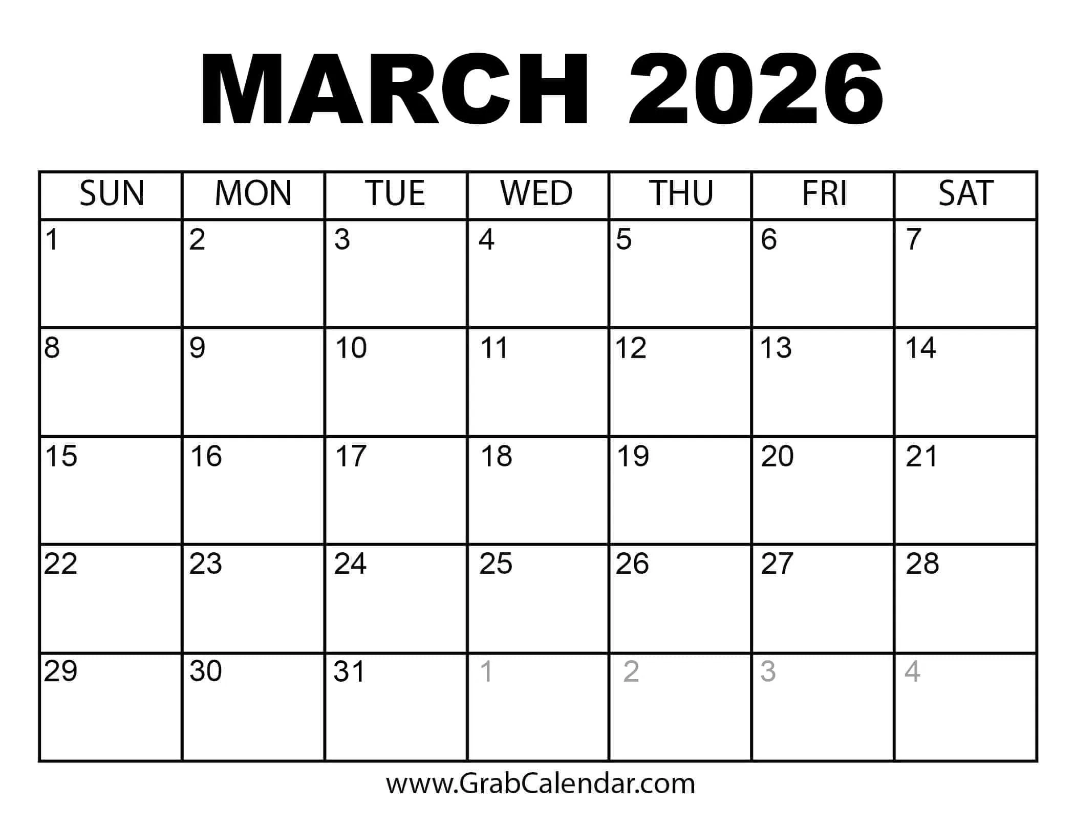 March Printable Calendar 2026 Blank