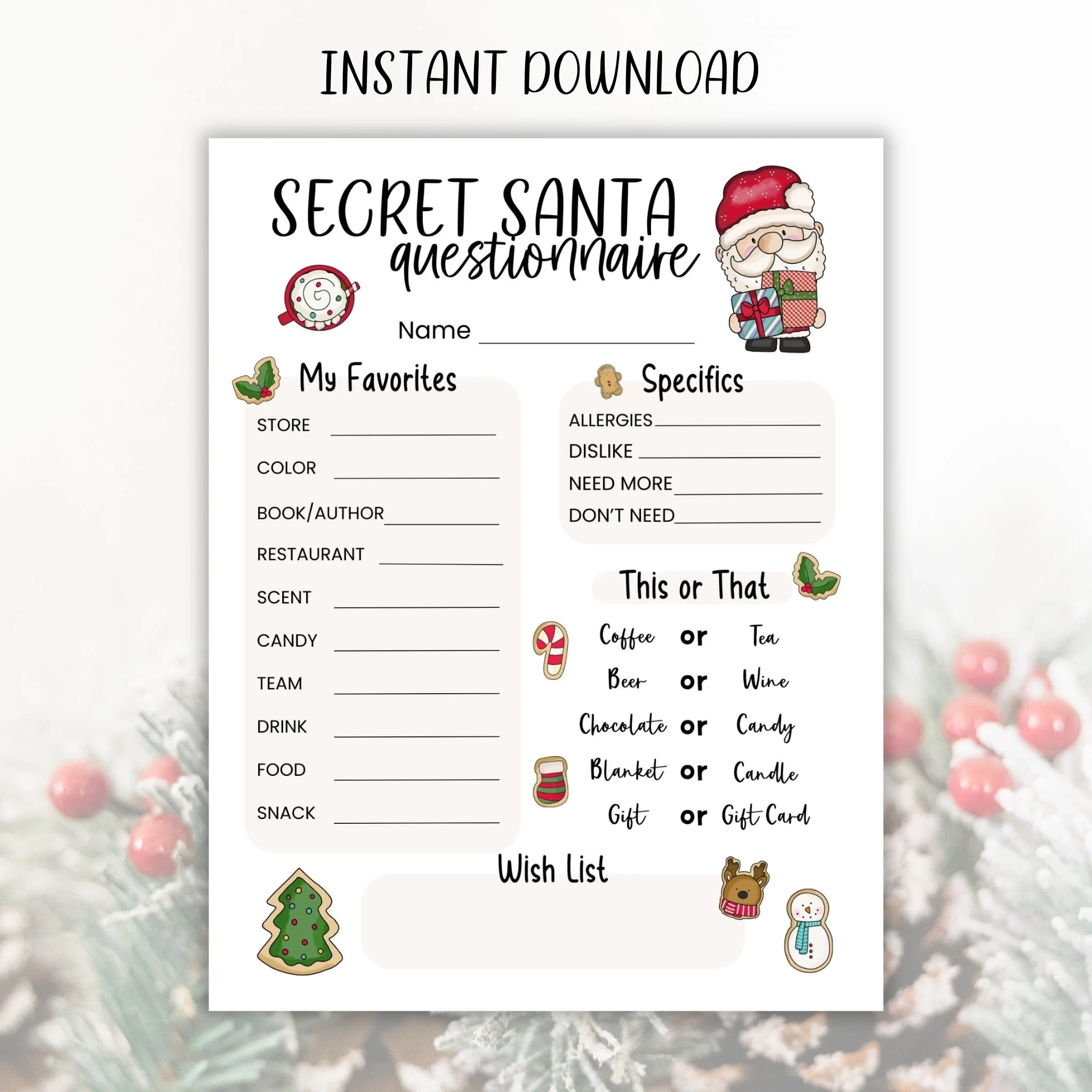 Printable Secret Santa Questionnaire Christmas Holiday Gift Exchange Questions Form For Work Office Coworkers Neighbors Friends PDF