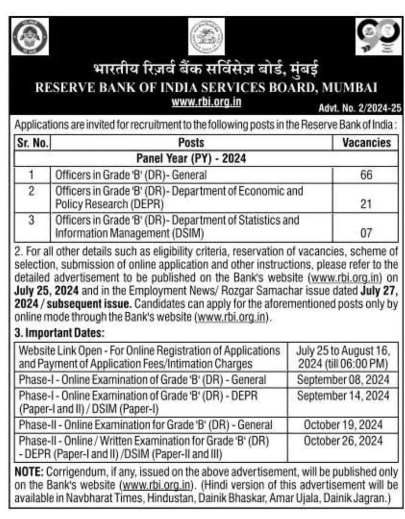RBI Grade B Notification 2024 Out For 94 Vacancy Exam Date 