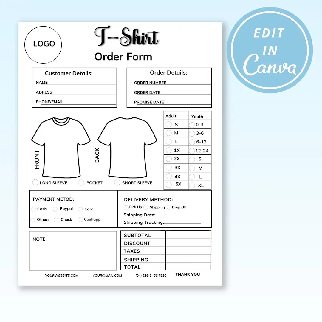Shirt Bestellformular Vorlage Bearbeitbares Canva Design 8 5x11 