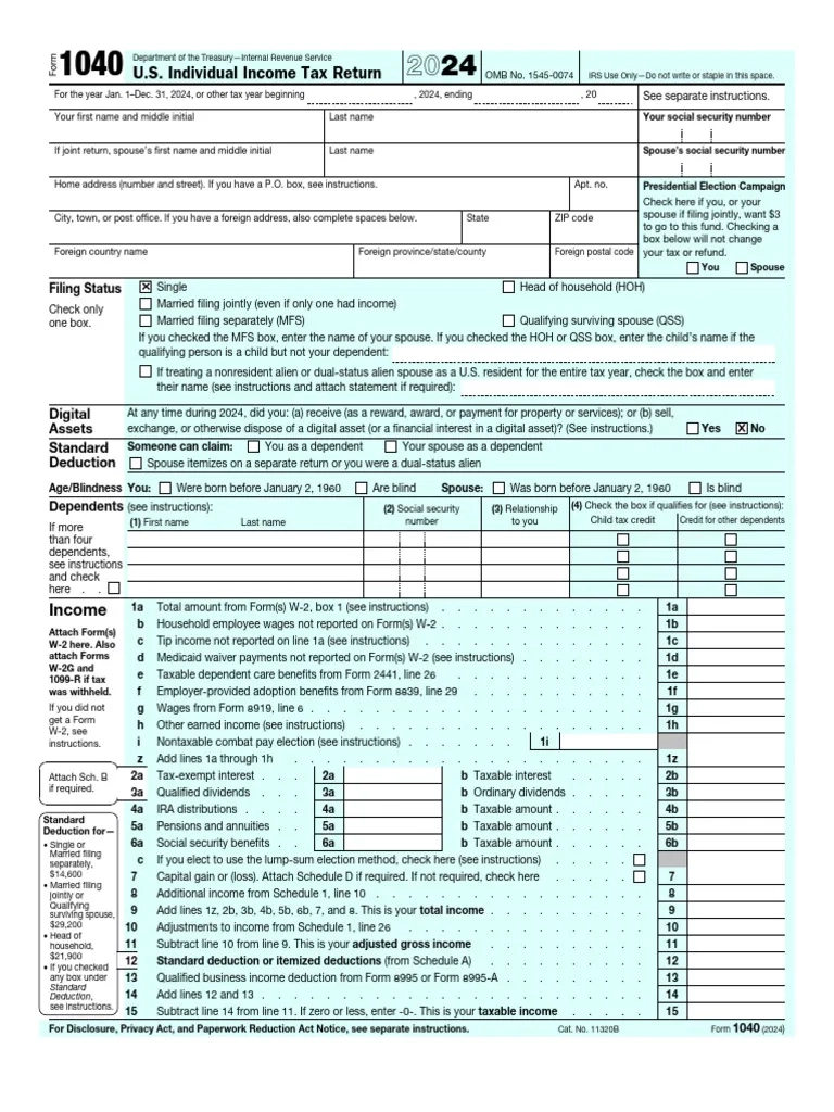 Tax Return 2024 PDF Irs Tax Forms Tax Deduction