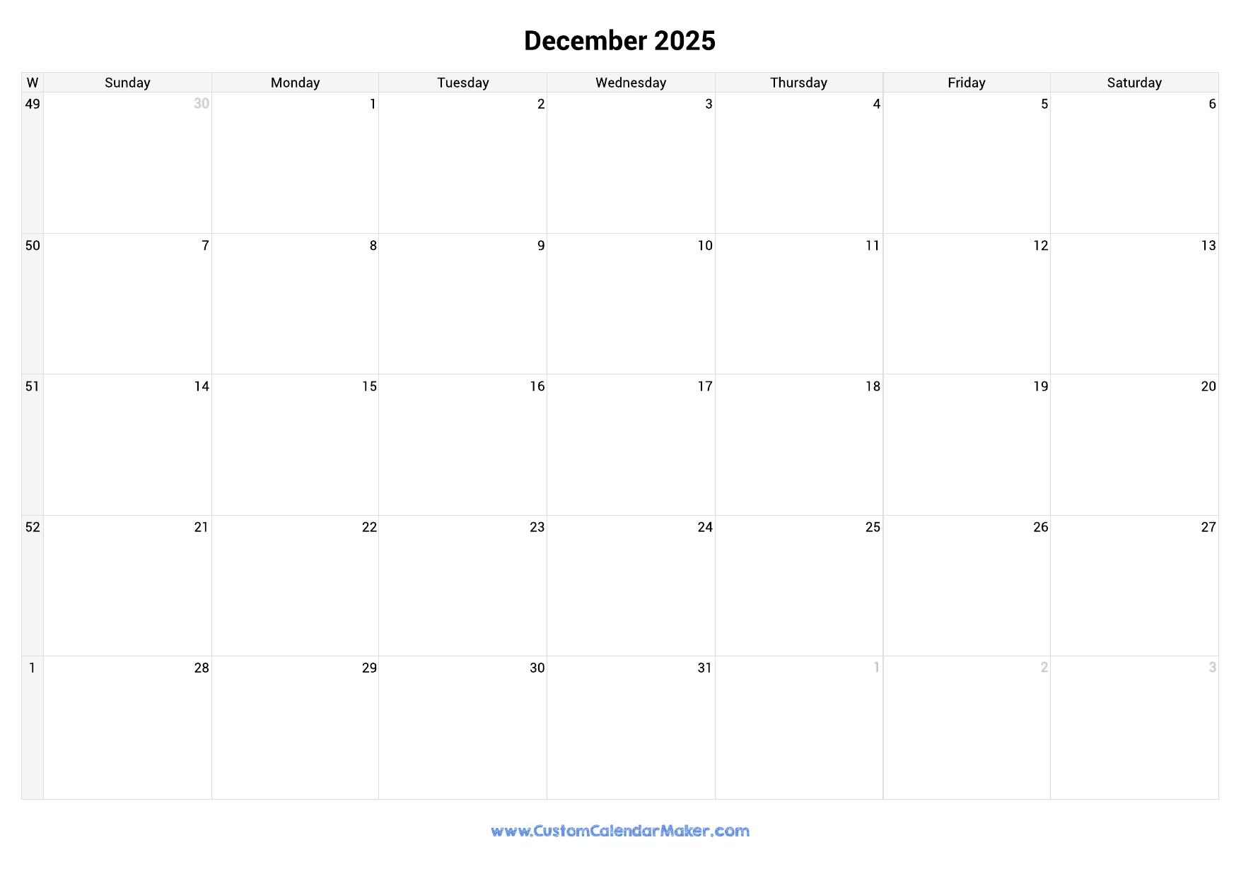 Weekly Calendar December 2025 Custom Calendar Maker