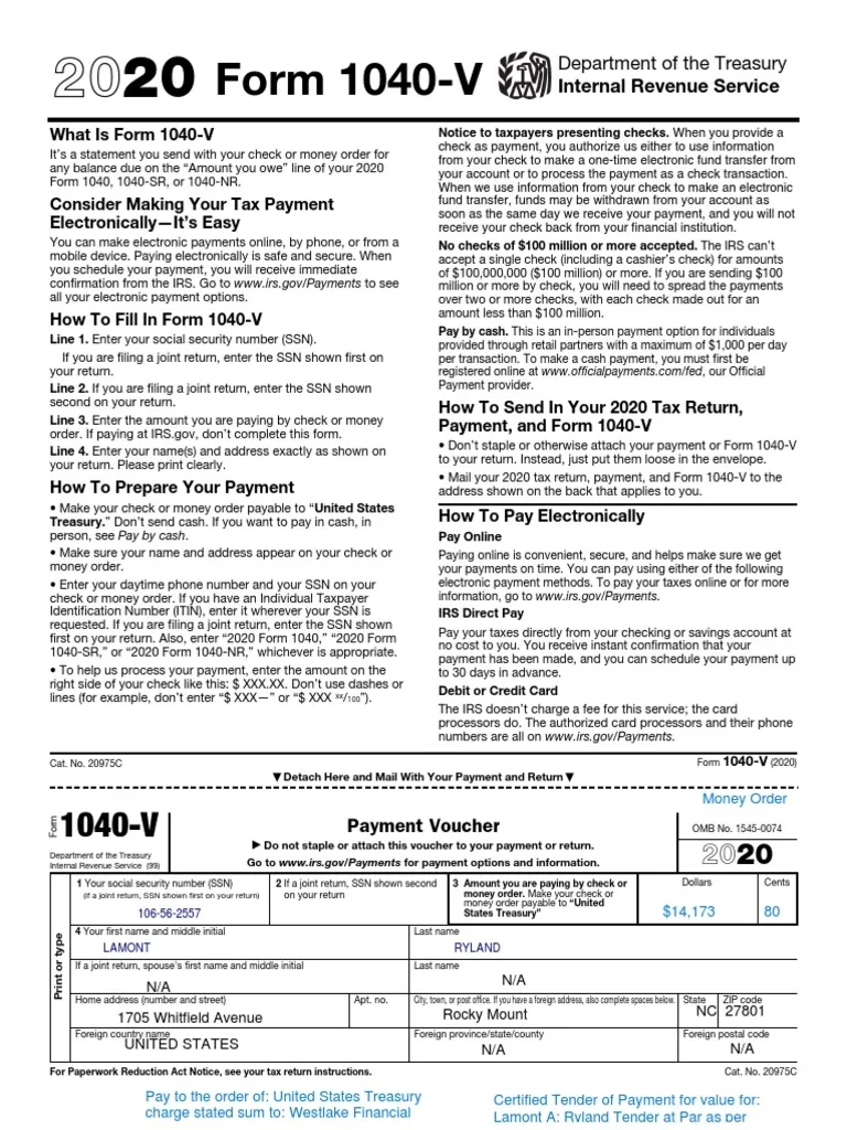 What Is Form 1040 V PDF Cheque Social Security Number