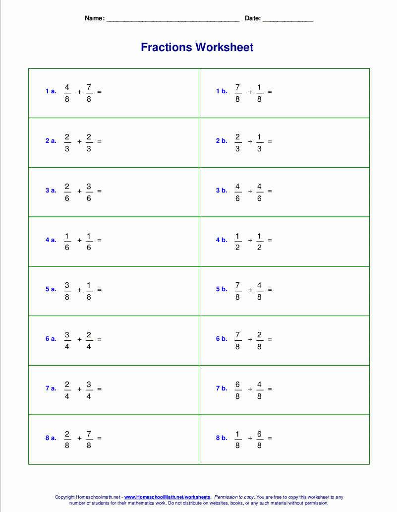 Free Printable Fraction Worksheets 7th Grade