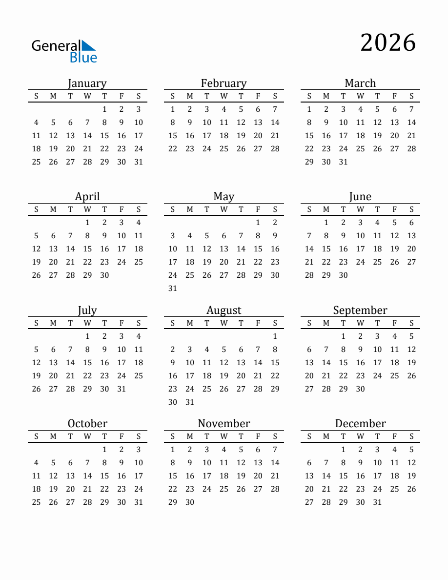 General Blue Calendar 2026 Calendar Template