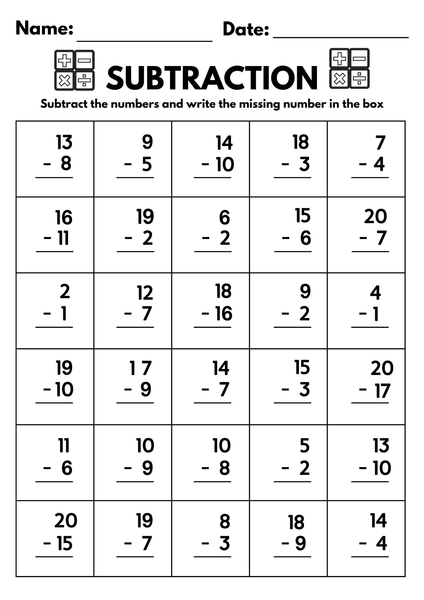 10 Printable Subtraction Fill In The Blanks Worksheets numbers 1 