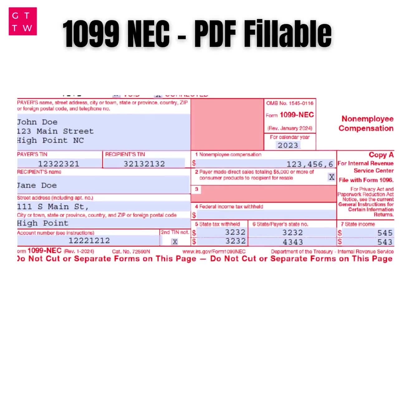 1099 NEC Editable PDF Fillable Template 2025 With Print And Clear Buttons Courier Font
