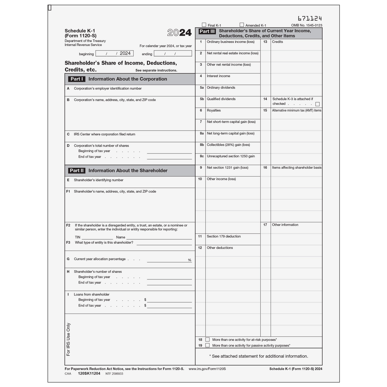 120SK11204 Form 1120 S Schedule K 1 Shareholder s Share Of 