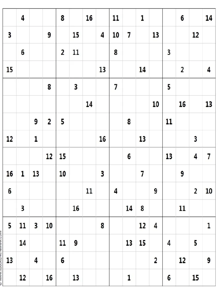 Printable Sudoku Puzzles Free 16x16