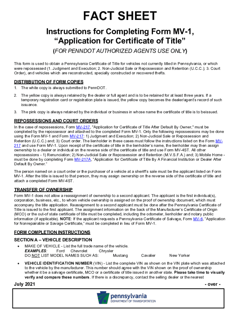 2021 2025 PA Instructions For Completing Form MV 1 Fill Online 