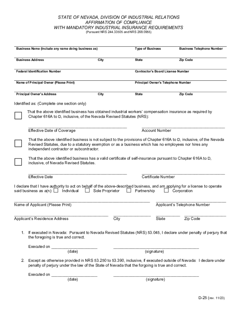 2023 2025 NV DIR Form D 25 Fill Online Printable Fillable Blank 