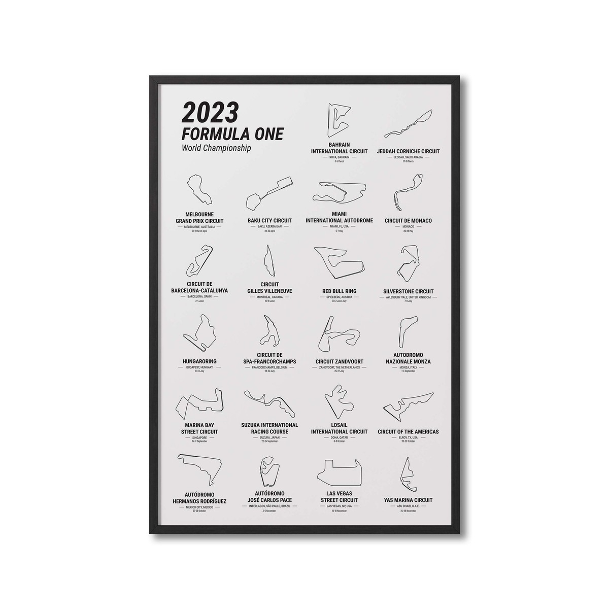 2023 Formula 1 F1 Grand Prix Schedule Calendar Race Poster Art 