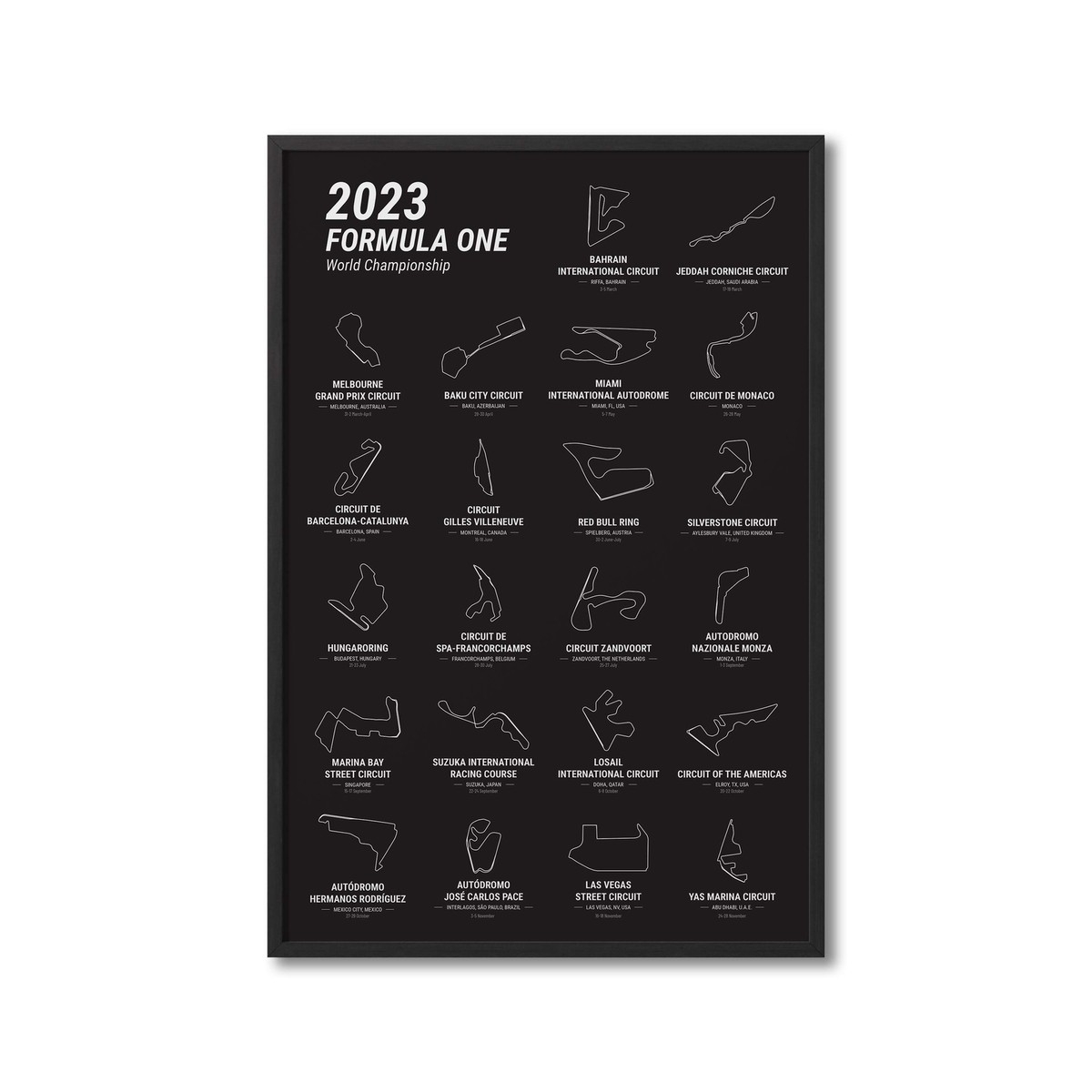 2023 Formula 1 F1 Grand Prix Schedule Calendar Race Poster Art 