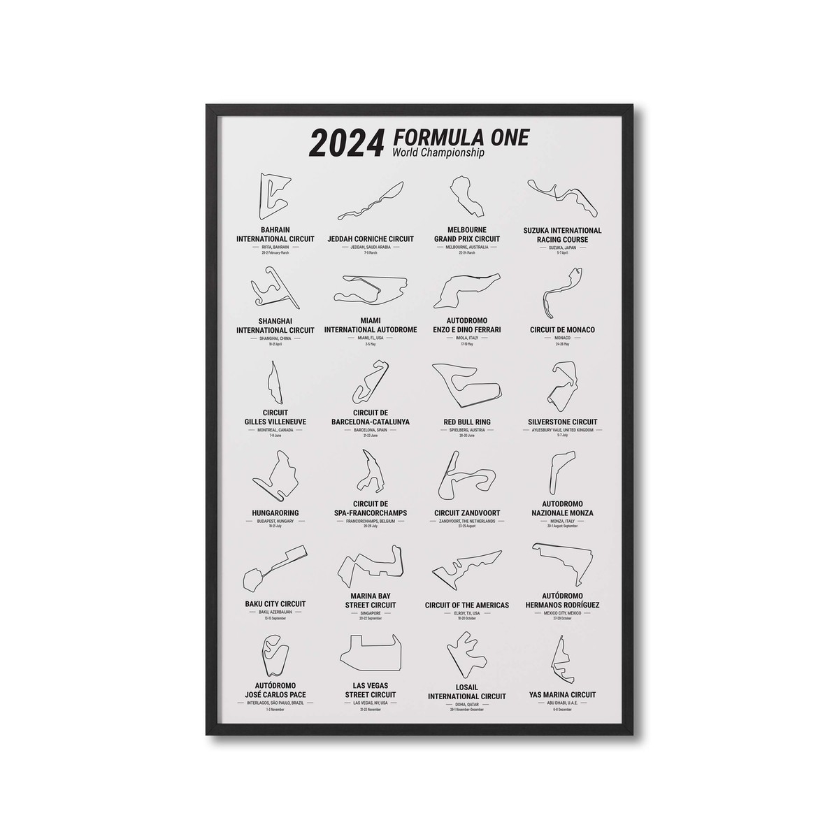 2024 Formula 1 F1 Grand Prix Schedule Calendar Race Poster Art 