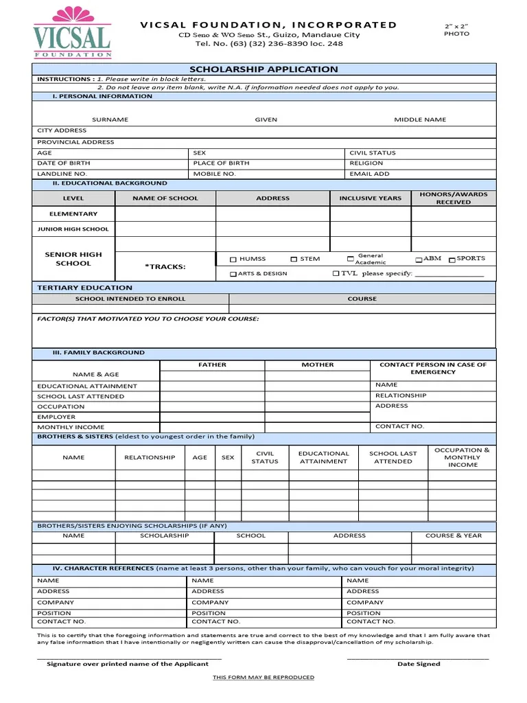 2025 Scholarship Application Form PDF