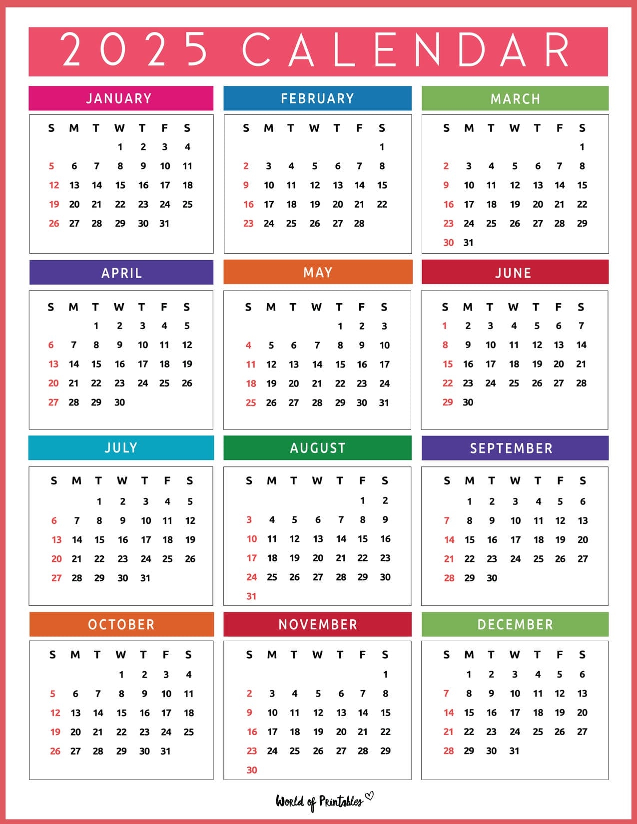 2025 Yearly Calendar Printable Free Pdf