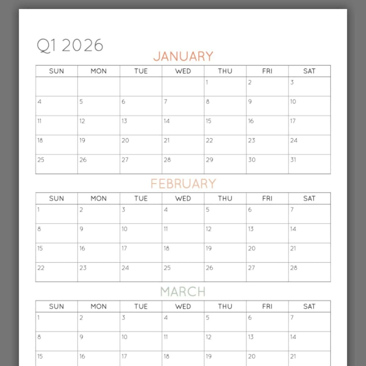 3 Month Calendar Printable 2026