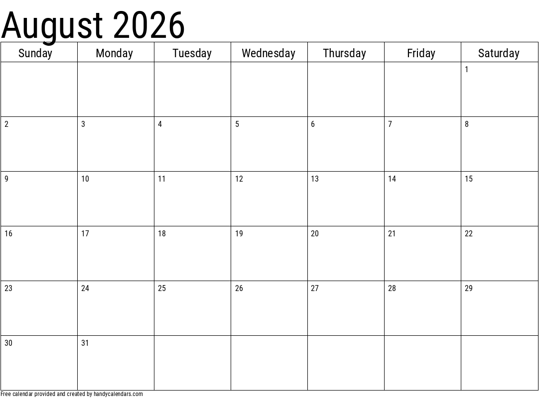 Blank Calendar Template August 2026