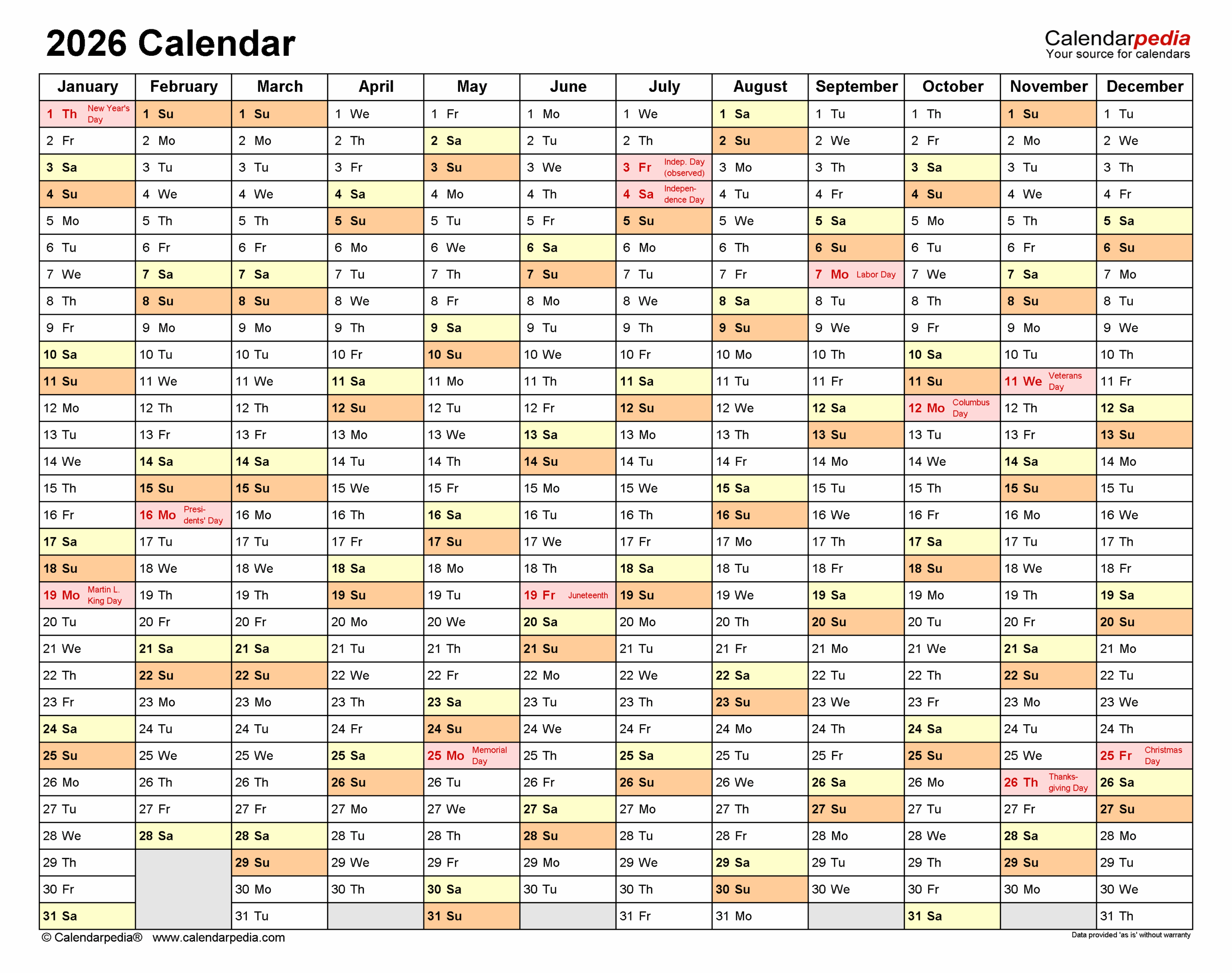 2026 Calendar With Holidays Printable Excel