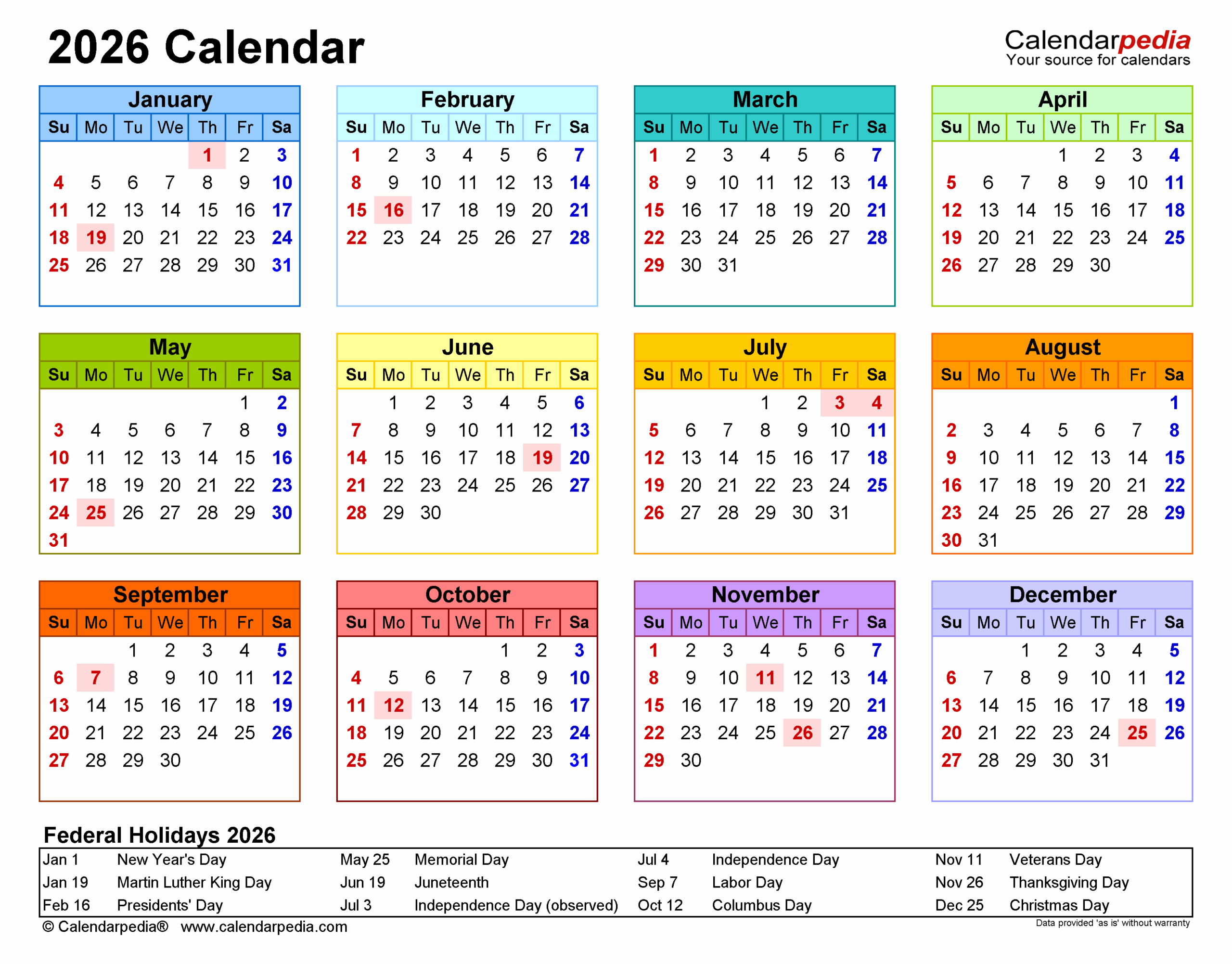 Mini Calendar 2026 Printable
