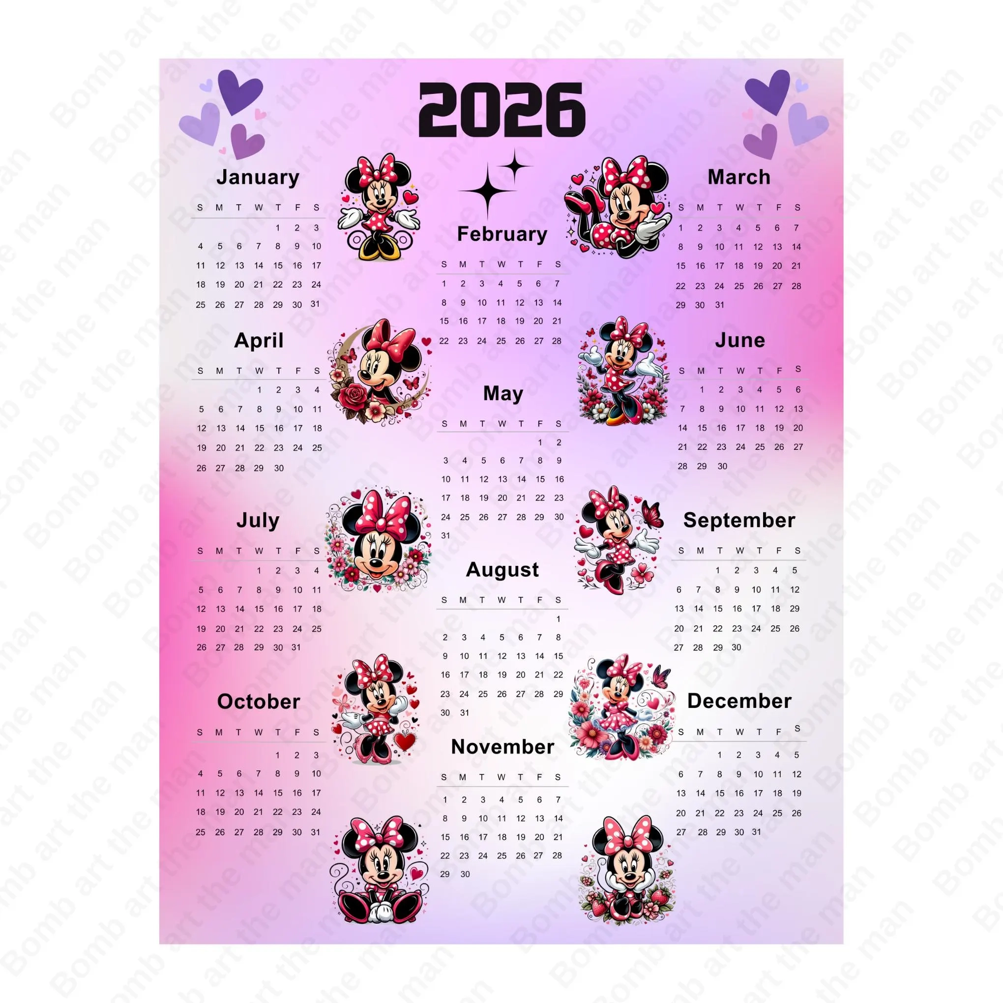 2026 Calendar Minnie Mouse Calendar Printable Kids Calendar 