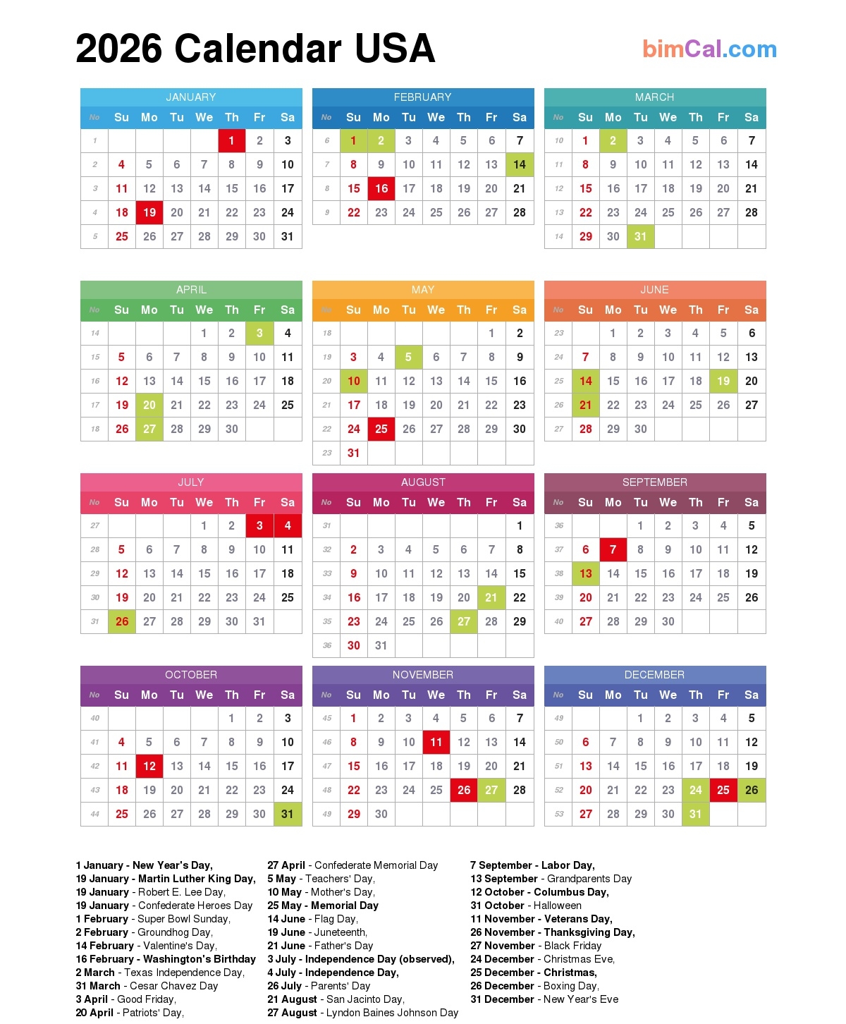 Printable 2026 Calendar With Holidays Usa