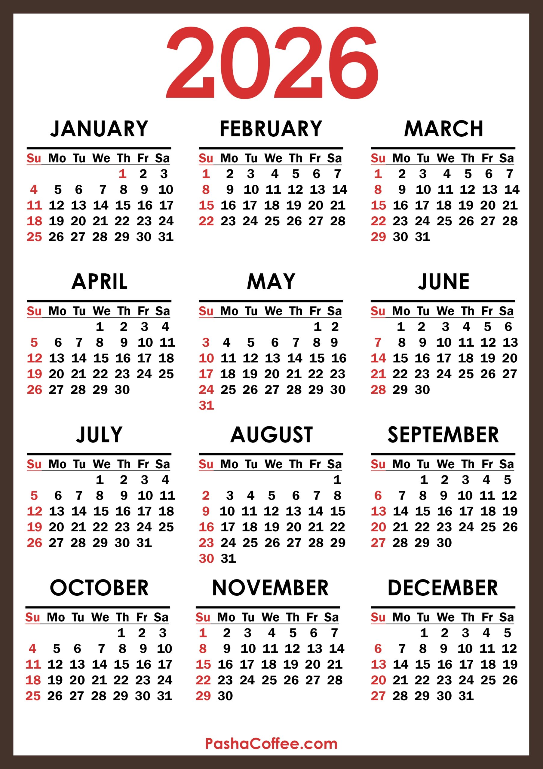 2026 Calendar Printable With Holidays Free Download