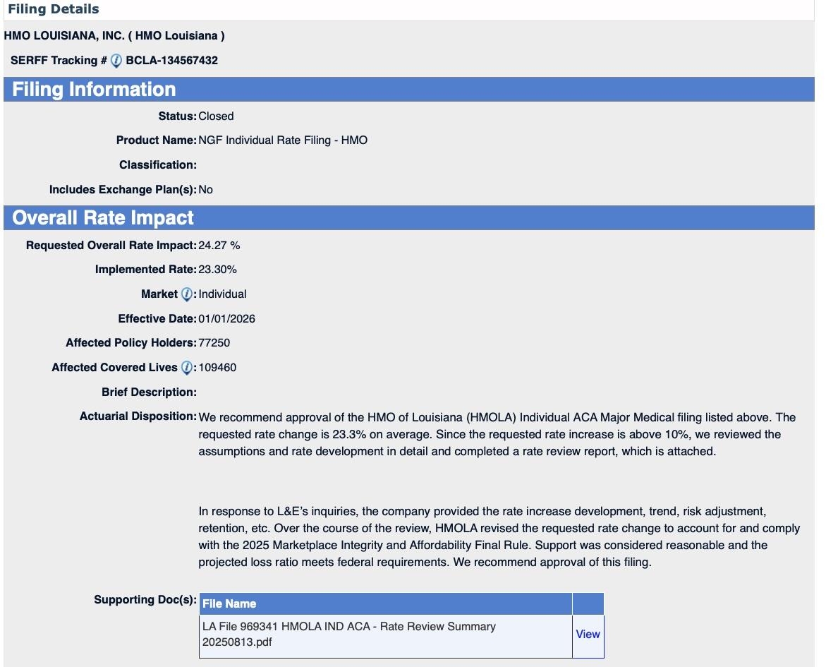 2026 FINAL Gross Rate Changes Louisiana 23 4 updated ACA 