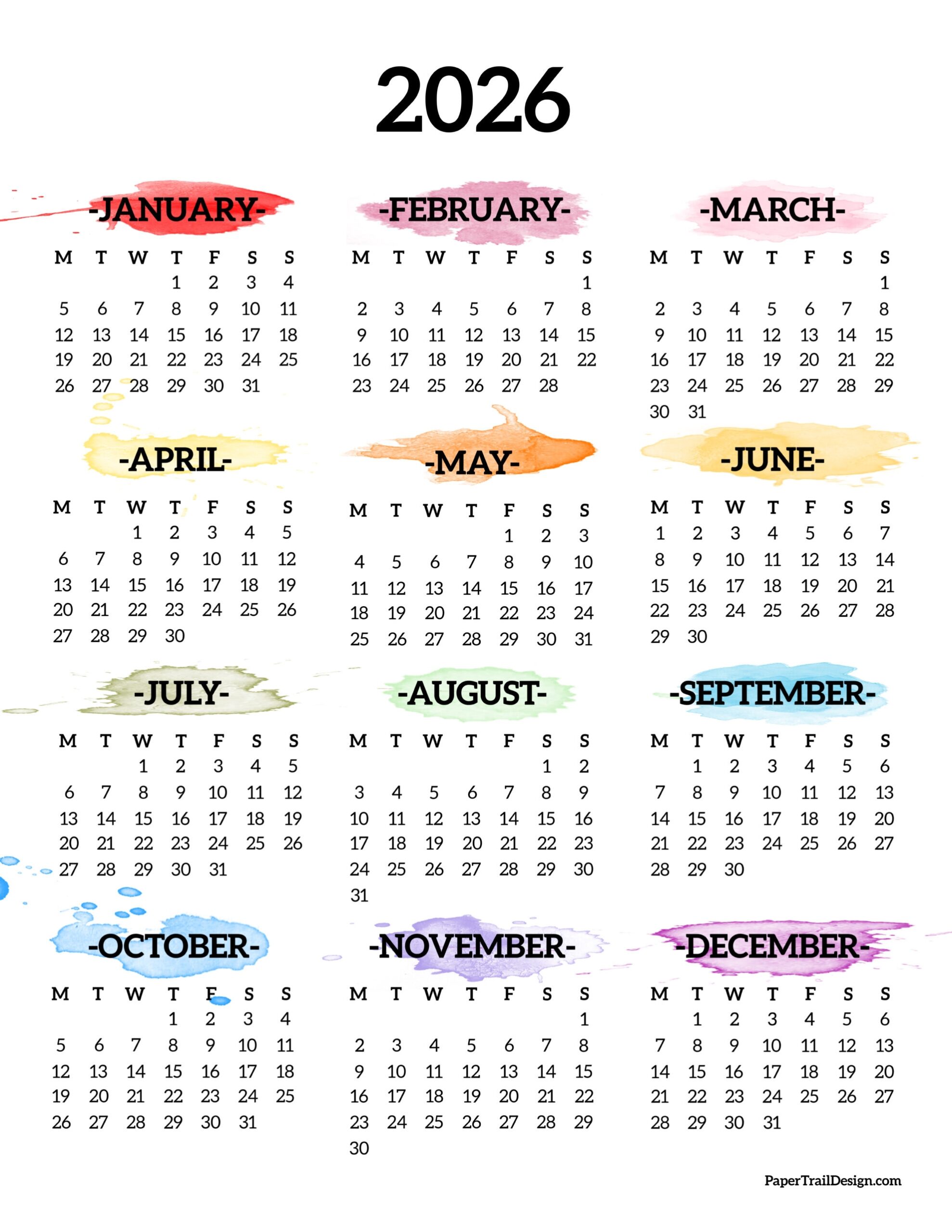 One Page Calendar 2026 Printable