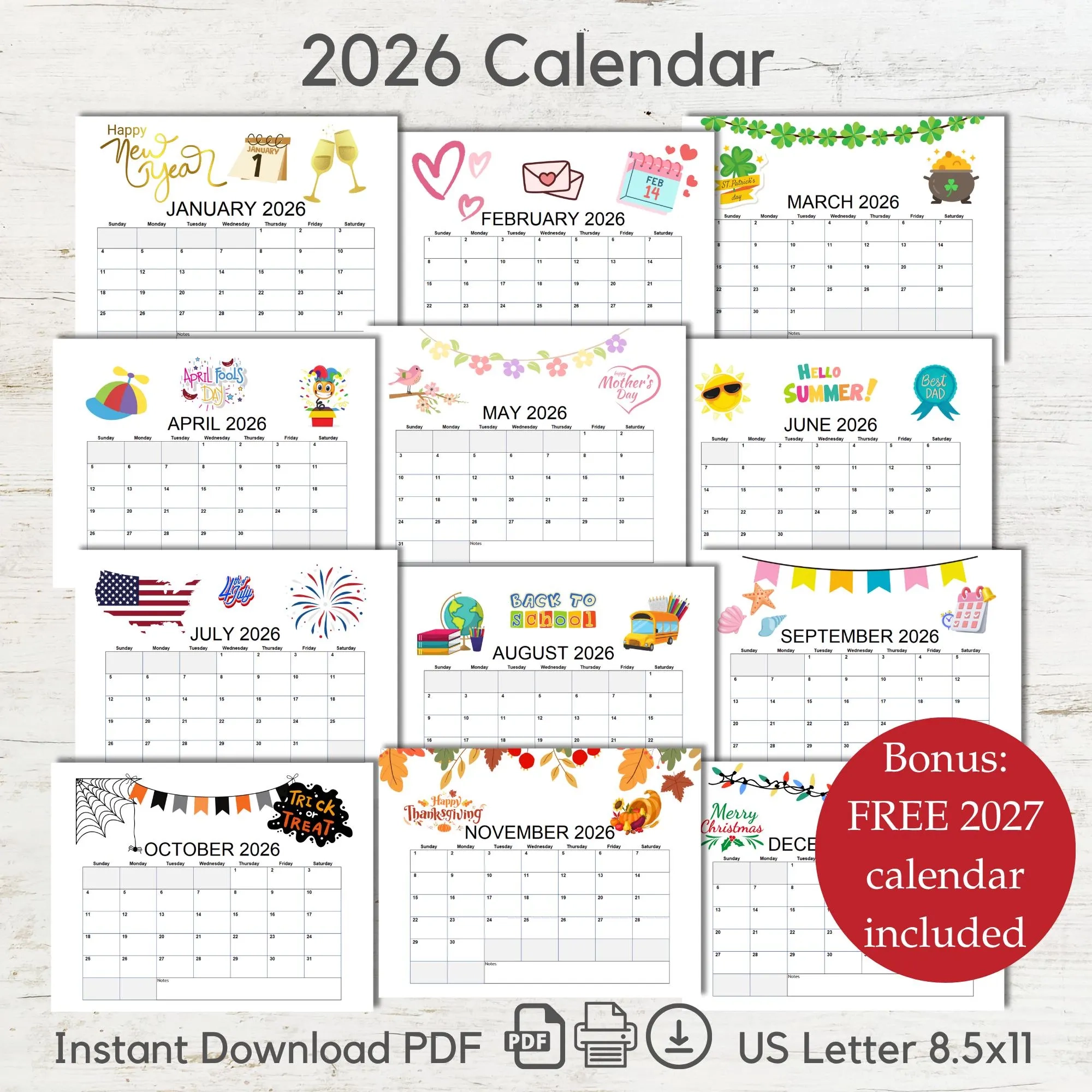 2026 Printable 12 Month Calendar Pdf Download Printable New Year 
