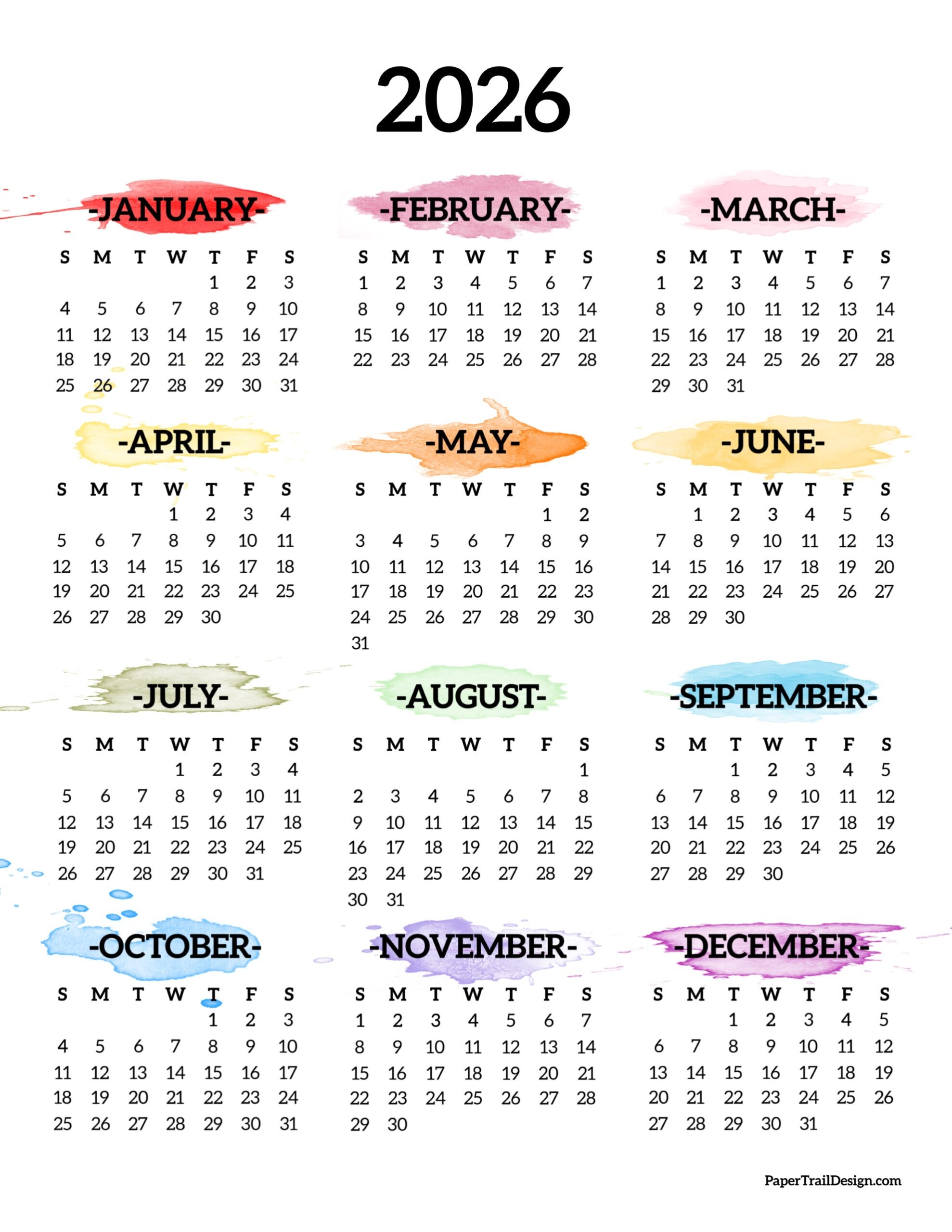 Printable Blank 2026 Year Calendar
