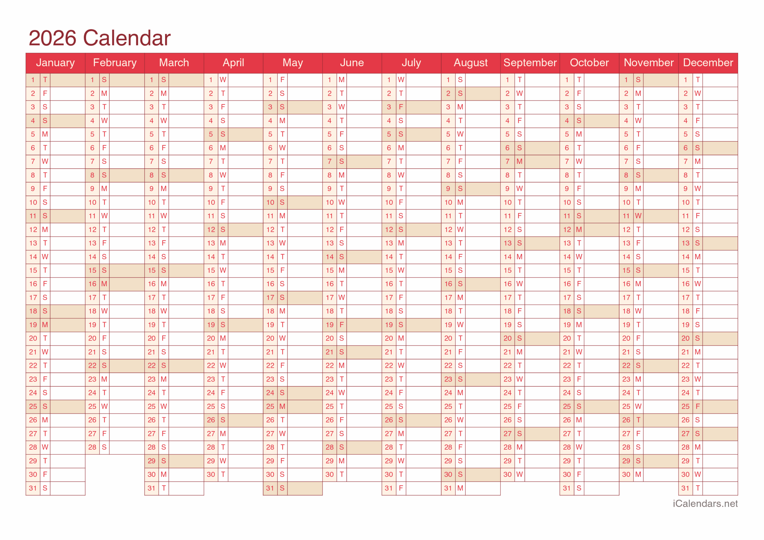 Blank 2026 Calendar Printable Program