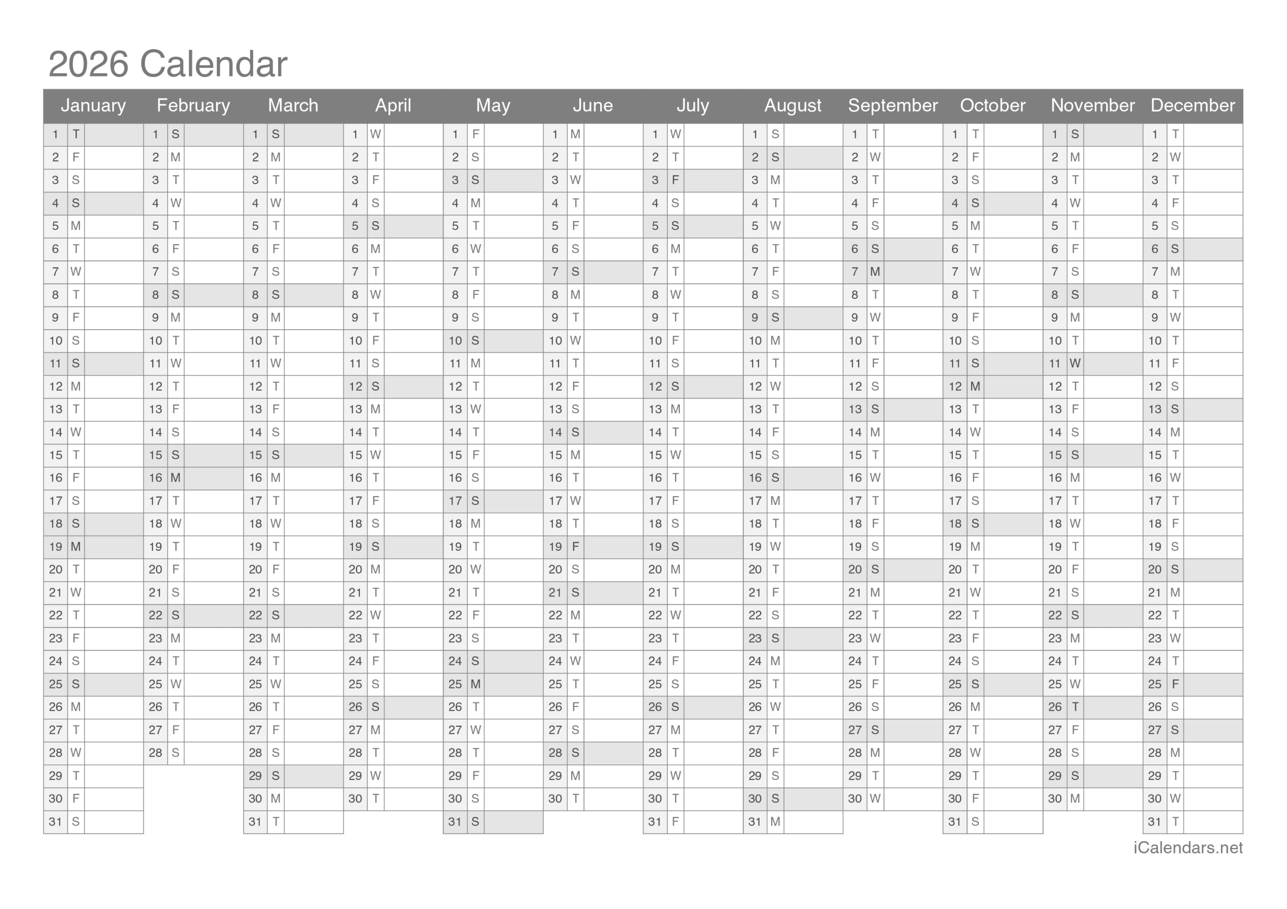 Blank Printable Calendars For 2026