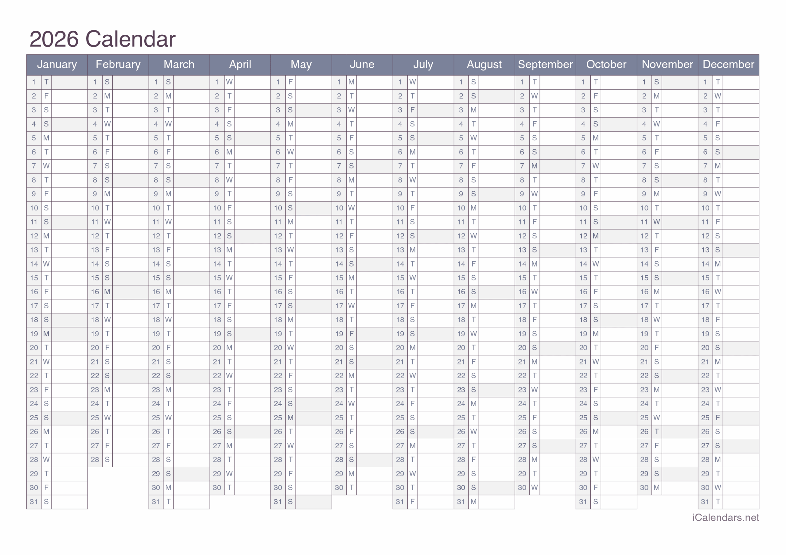 2026 Printable One Page Calendar