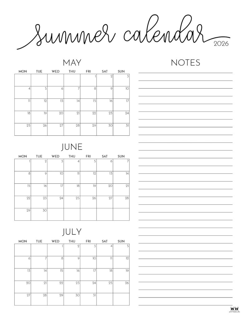 2026 Summer Calendars 31 FREE Printables Printabulls