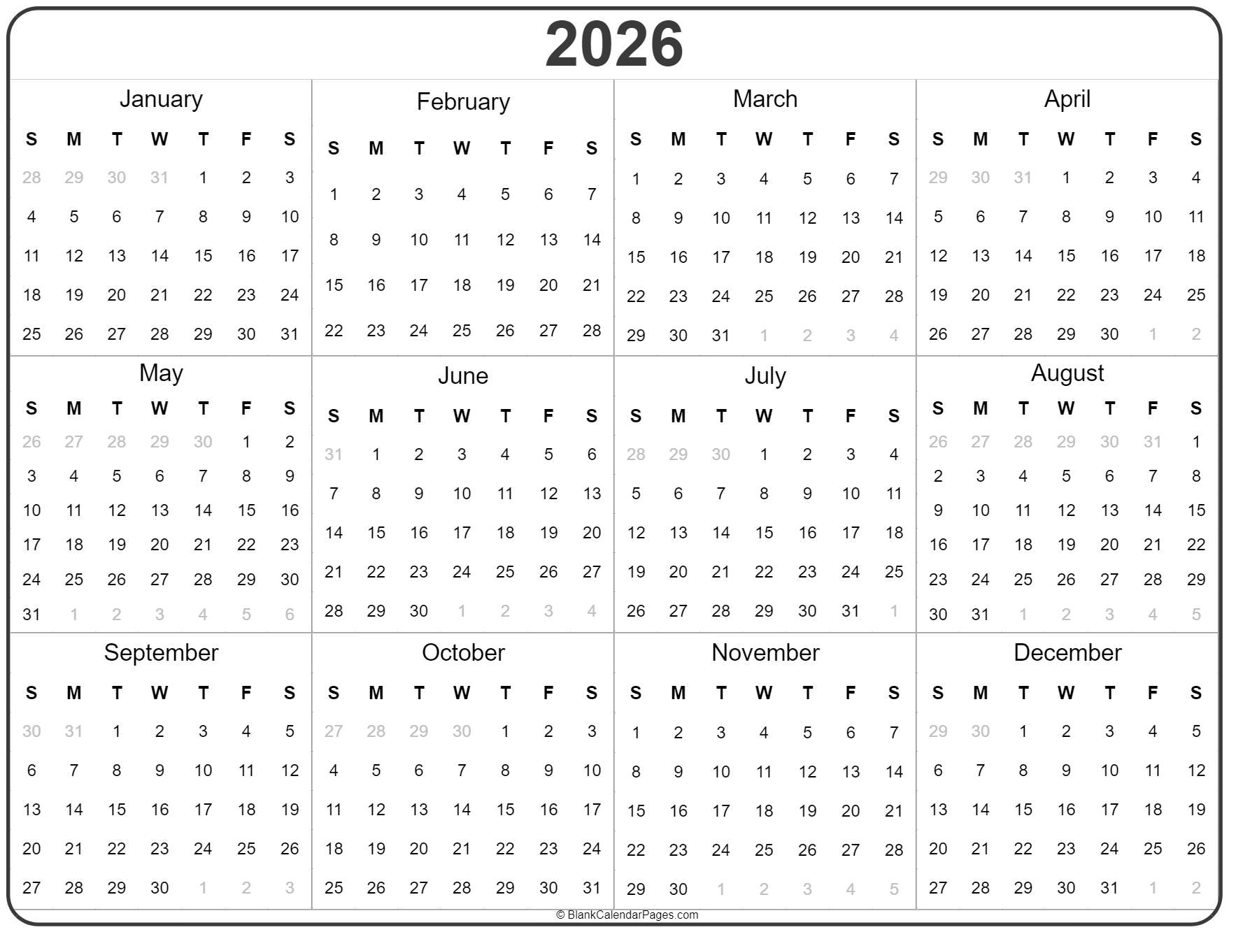 Printable Annual Calendar 2026