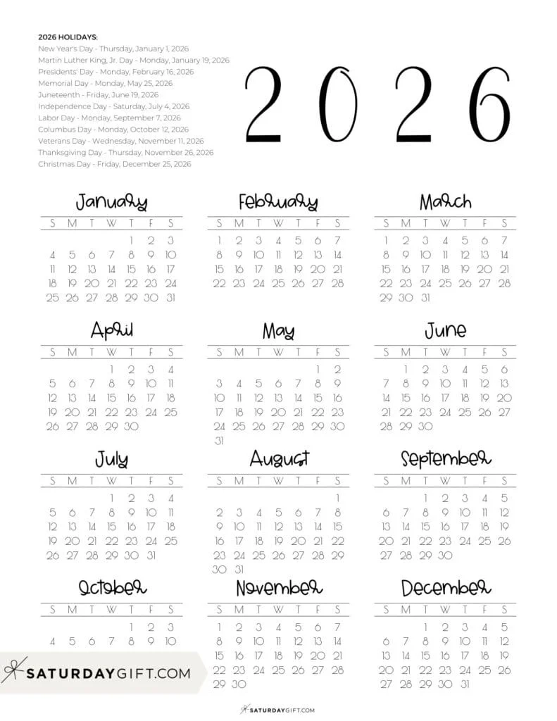 2026 Printable Yearly Calendar With Holidays