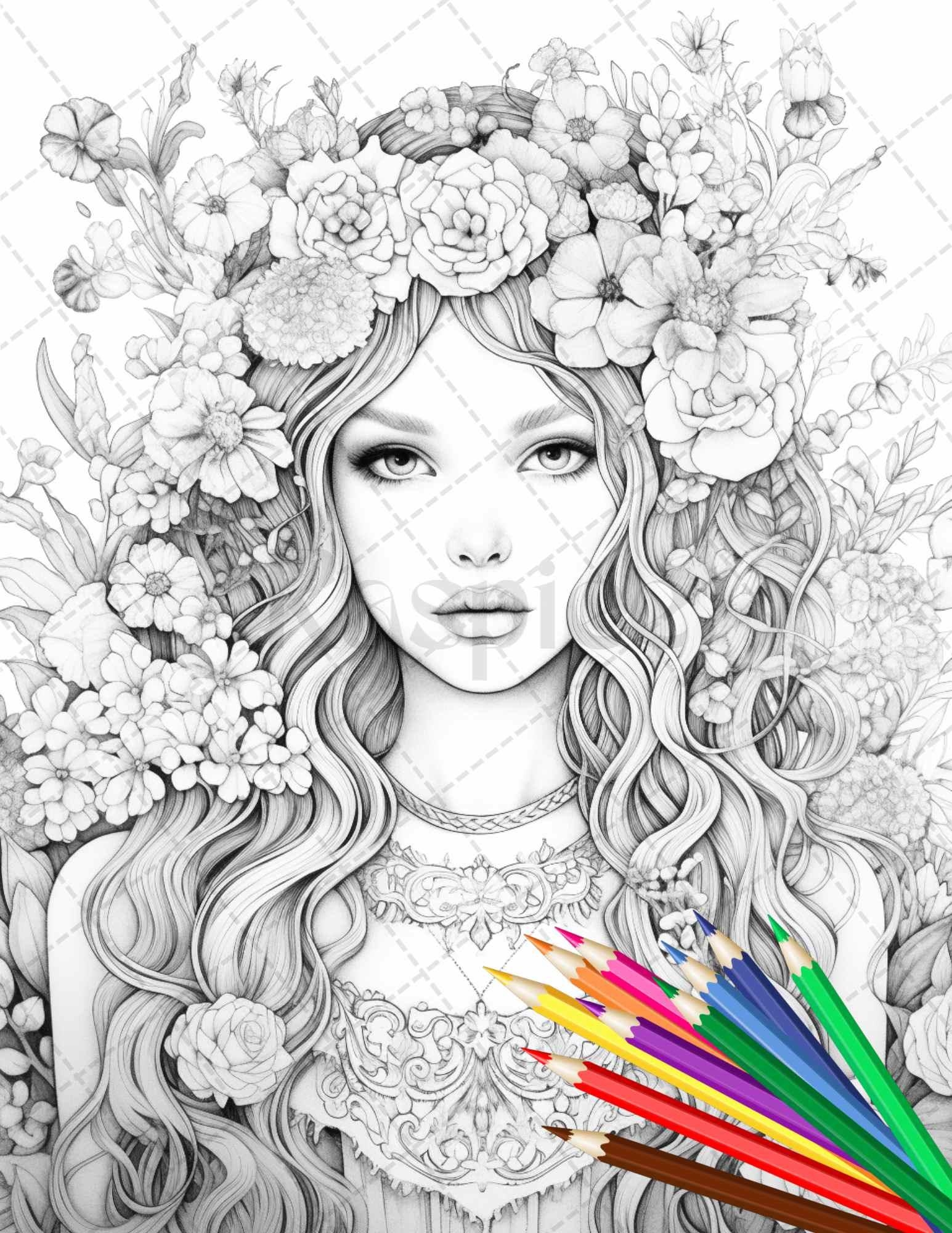 38 Flower Goddess Coloring Pages Printable For Adults Grayscale Coloring Page PDF File Instant Download