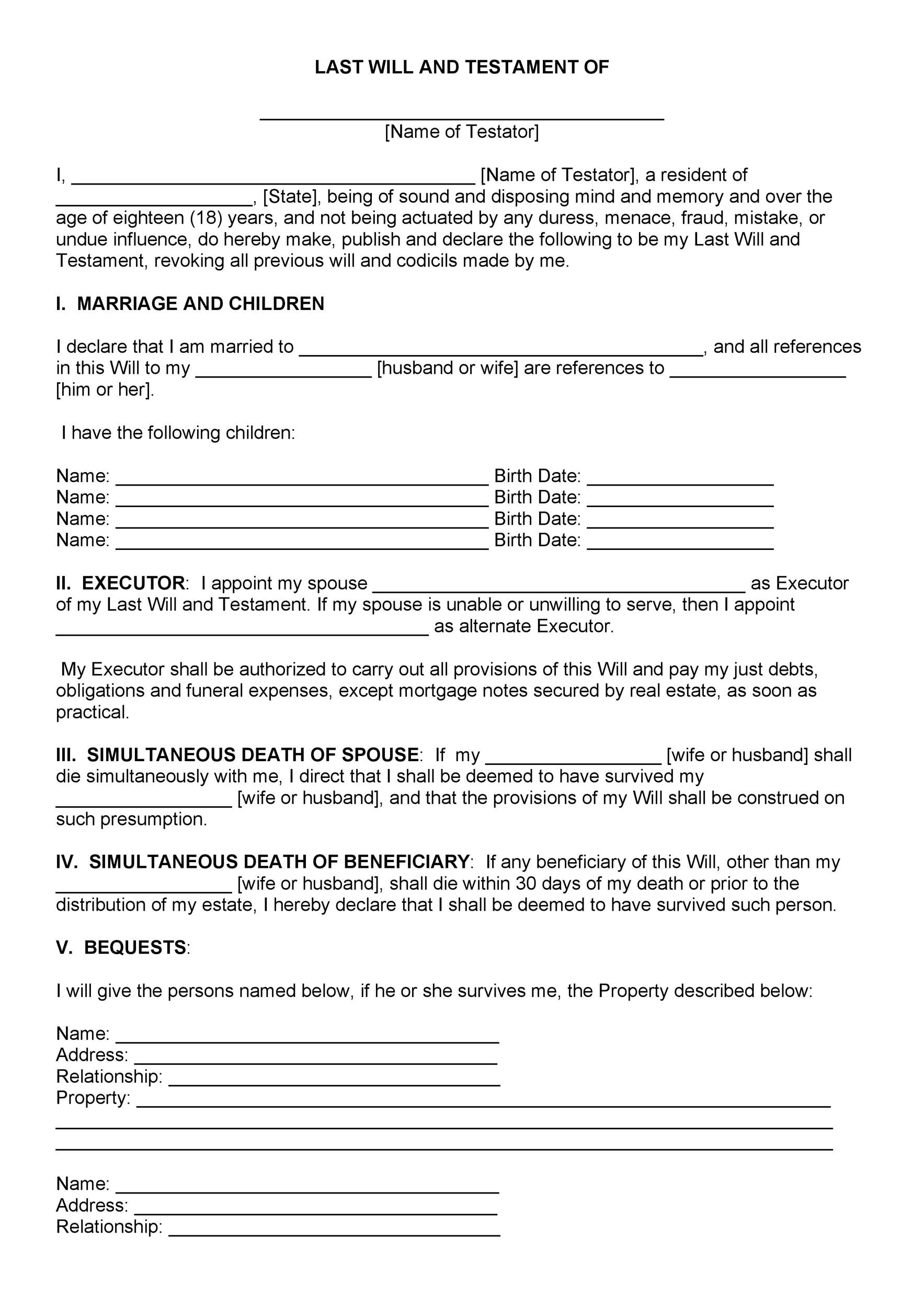 Last Will And Testament Forms Free Print Out