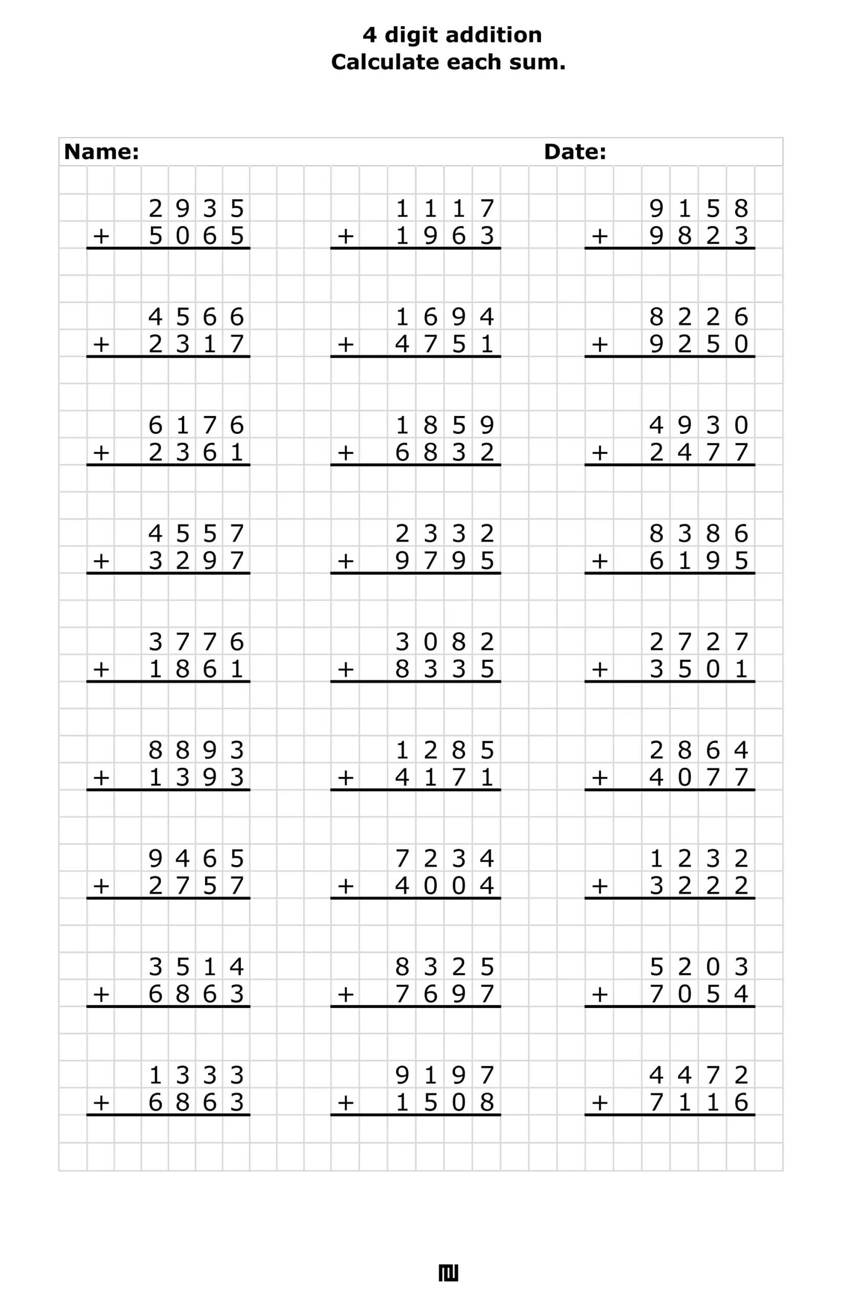4 digit Addition Worksheets 3rd 4th Grade Math PDF Download 
