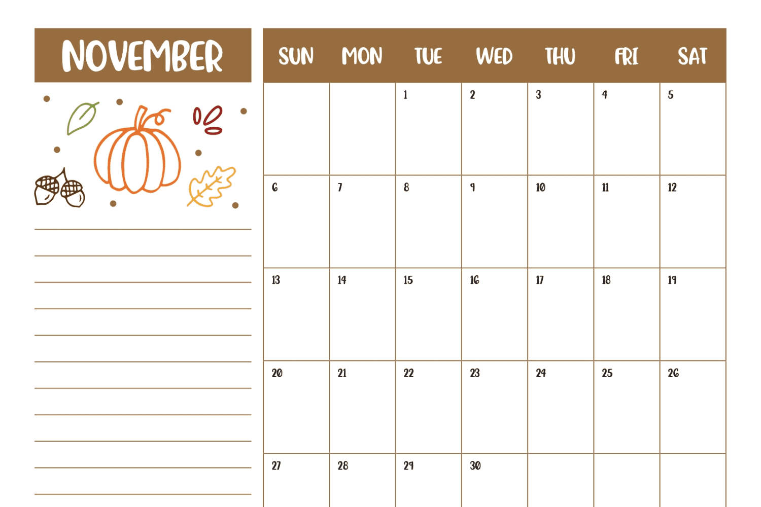 November Printable Calendar With Notes