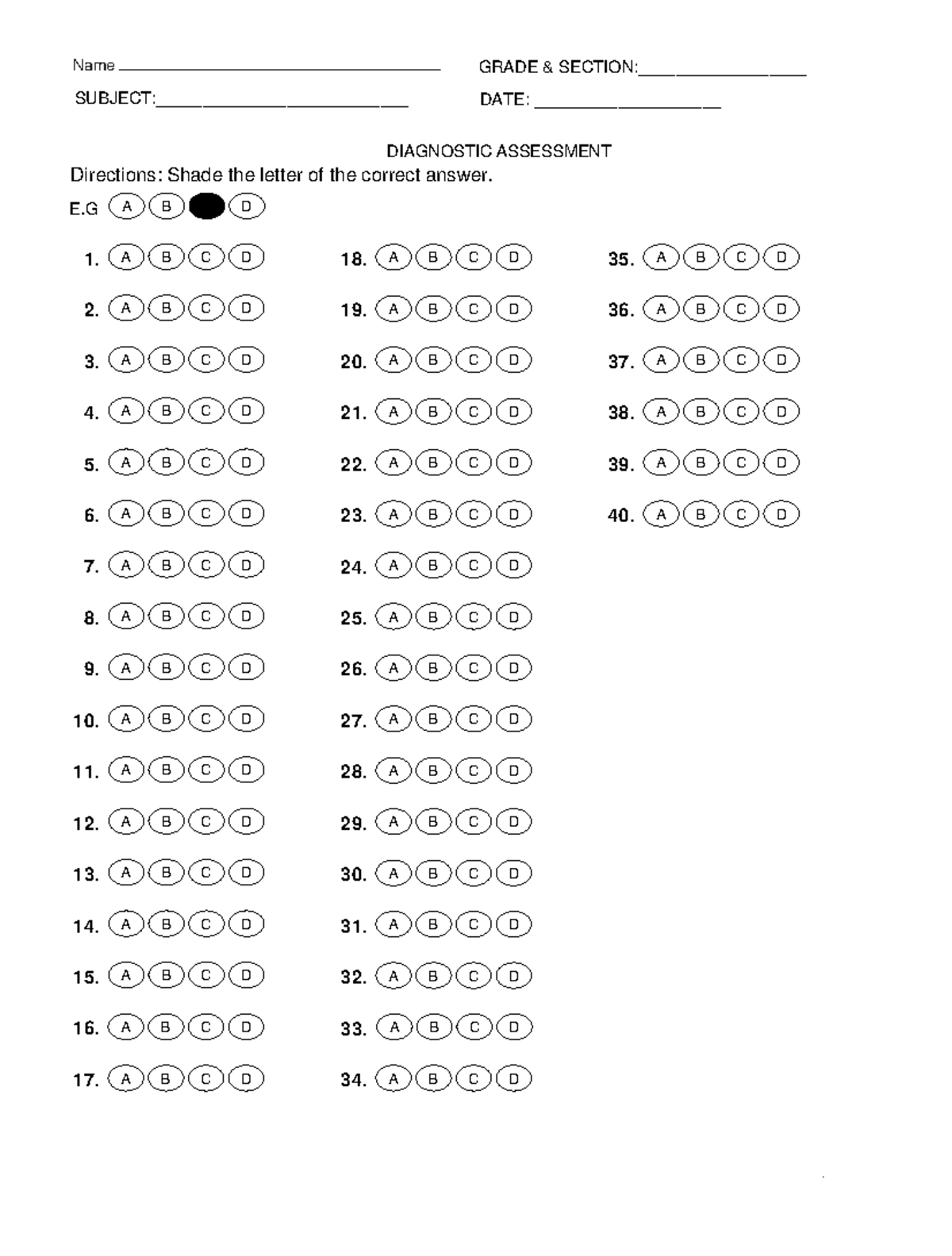 Answer Sheet Shading 1 40 Printable