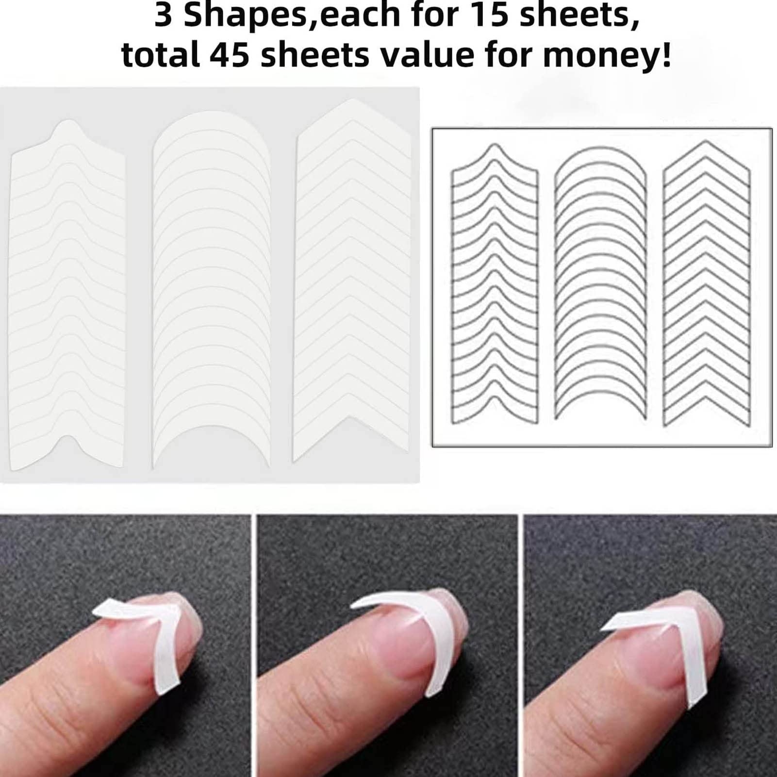 45 Sheets French Manicure Nail Art Stickers Nail Art Tips Guides With 3 Designs Self Adhesive Nail Tips Guides For DIY Decoration Stencil Tools 