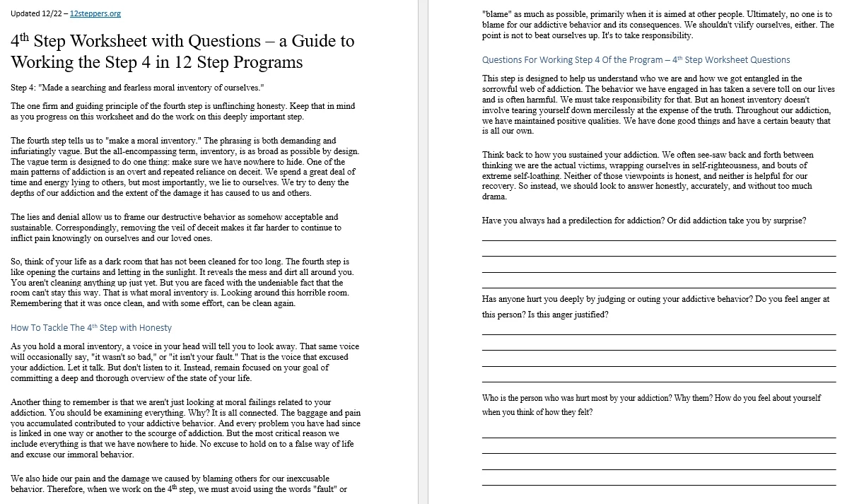 Printable A.A. 4th Step Worksheets Pdf