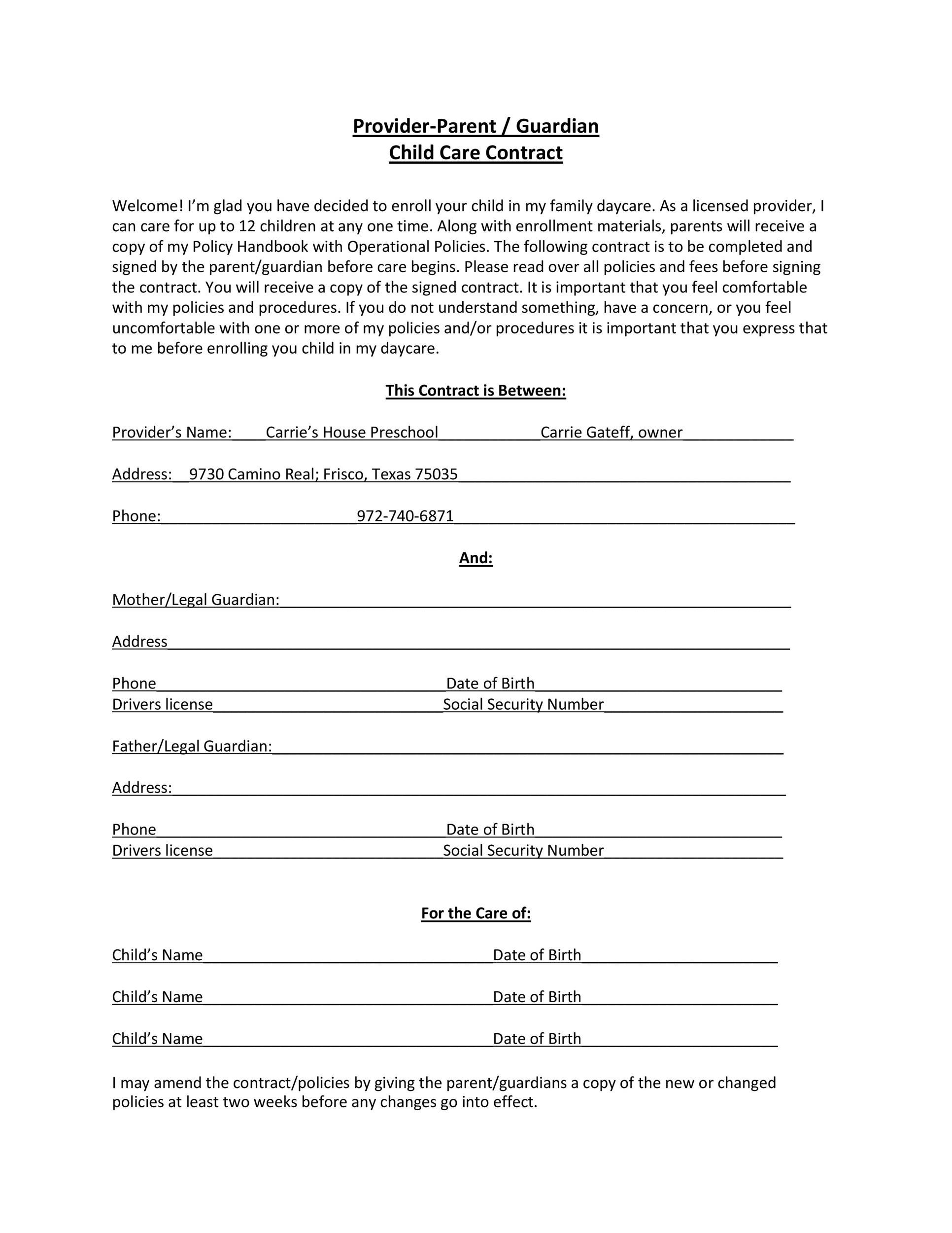 50 Daycare Child Care amp Babysitting Contract Templates Free 