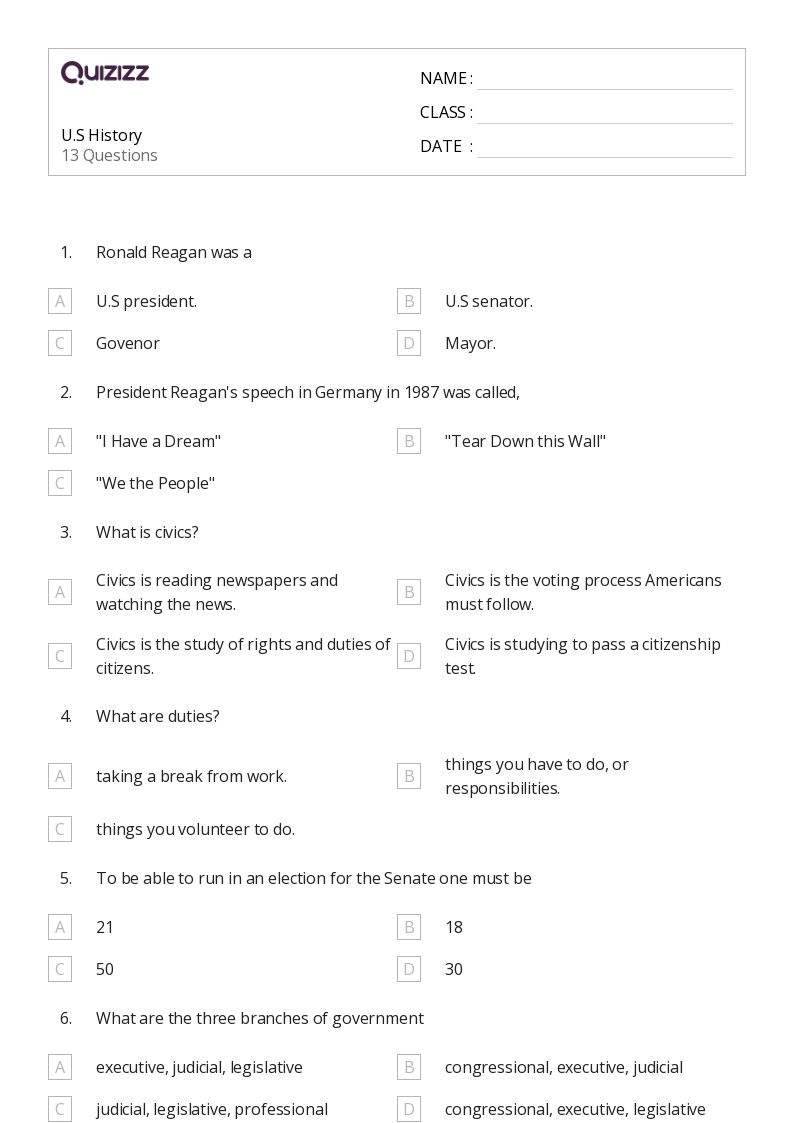 50 U S History Worksheets For 8th Class On Quizizz Free 