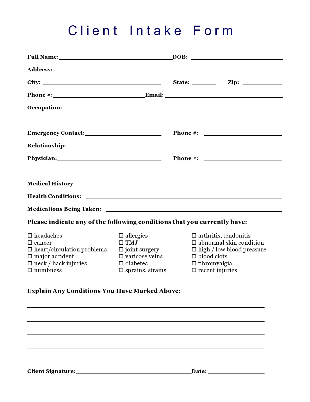 Printable Medical Intake Form Template